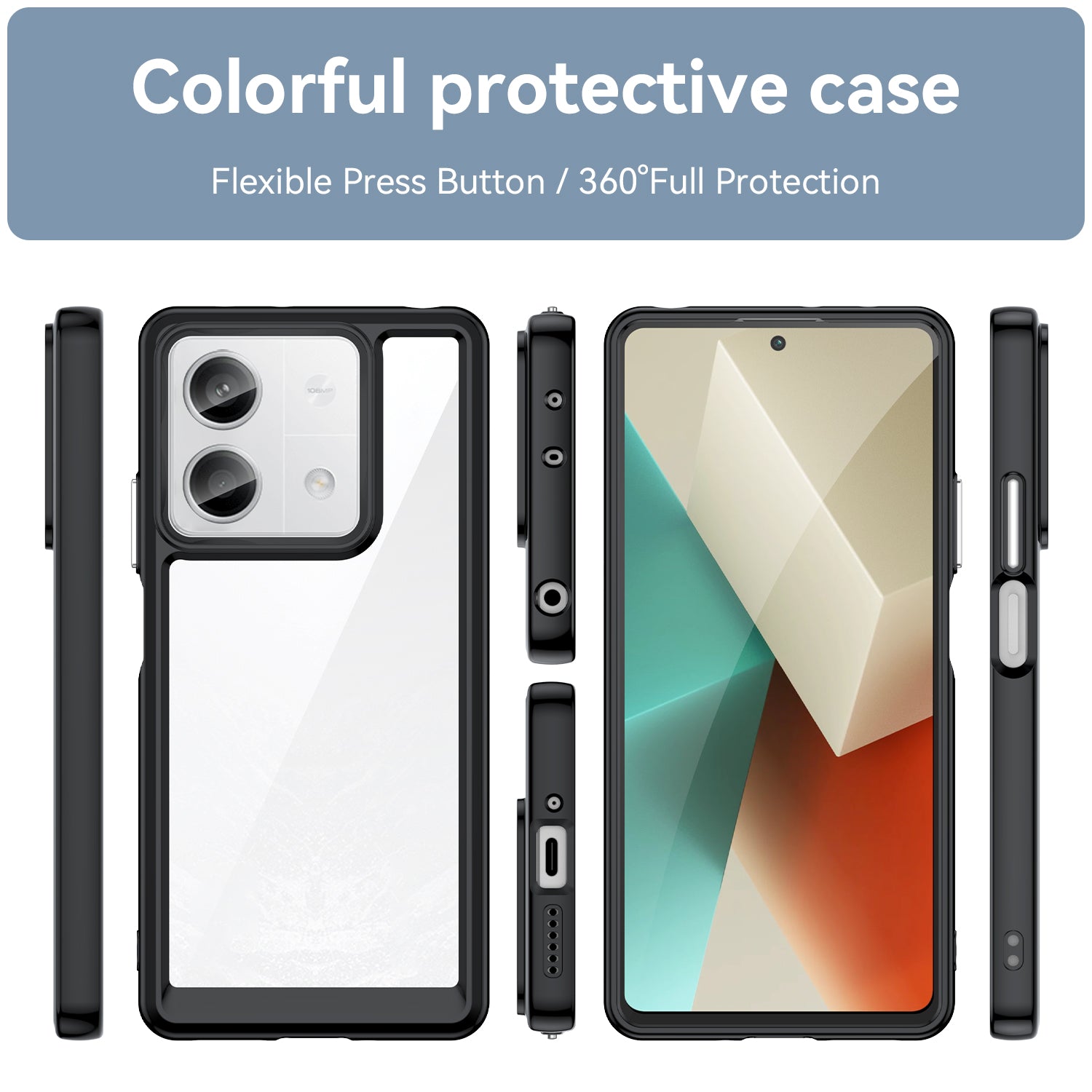 For Xiaomi Redmi Note 13 5G Phone Case Colorful TPU Frame+Acrylic Clear Back - Black For Xiaomi Redmi Note 13 5G Phone Case Colorful TPU Frame+Acrylic Clear Back - Black